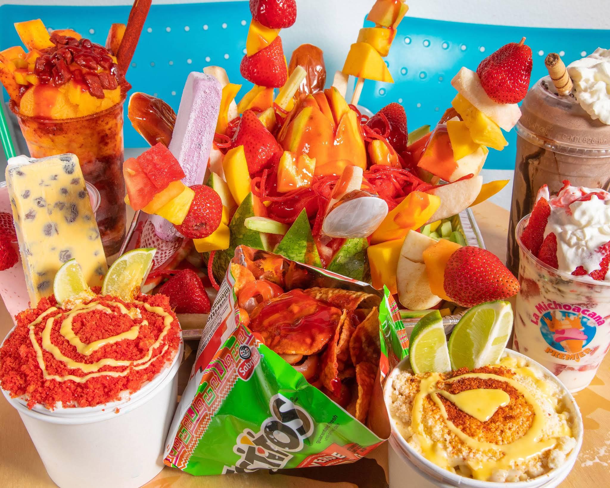 Mangonadas, paletas, fruit snacks, chips, and cold treats at La Michoacana VIP and Yoshi's Pizza
